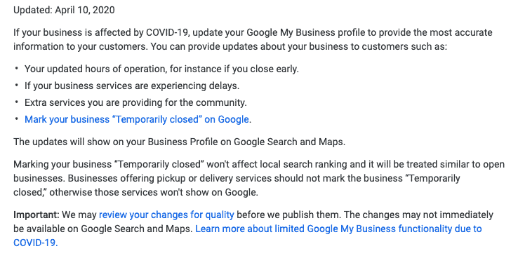 google my business covid-19 coronavirus tips